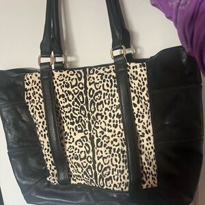 Leopard Print Black Leather Tote Bag